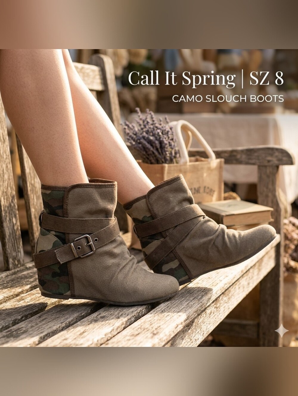 Call It Spring Camo & Canvas Slouch Ankle Boots - Size 8